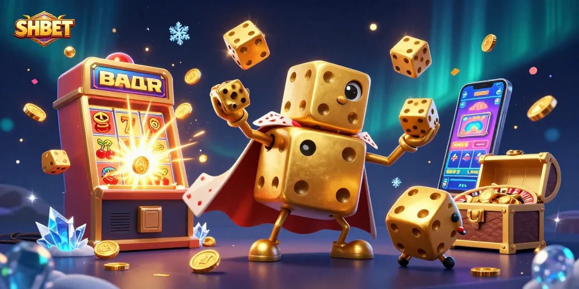 Engage with SHBET's vibrant casino world as a golden dice golem juggles fortune around a dazzling jackpot explosion.