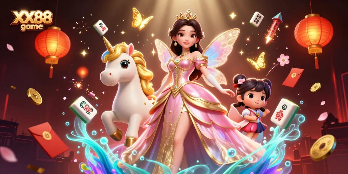 Engage in the thrill of the XX88 game with dynamic characters and festive elements in a vibrant illustration.