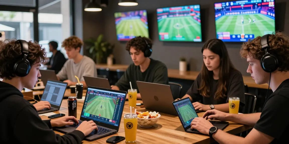 Engaged players exploring the lotus365 platform in a lively gaming café.
