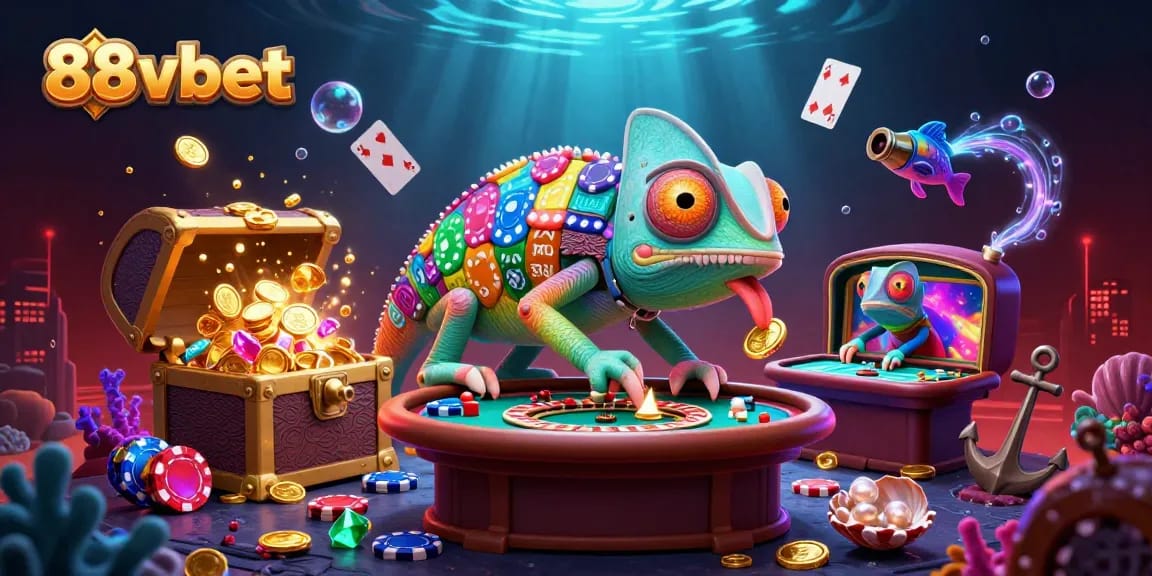 Engage in thrill with 88vbet as colorful chameleon casino owner captures golden coins in this vibrant illustration.