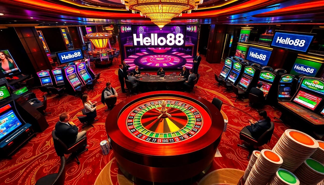 Hello88 players enjoying a thrilling casino experience with roulette, poker chips, and slot machines.