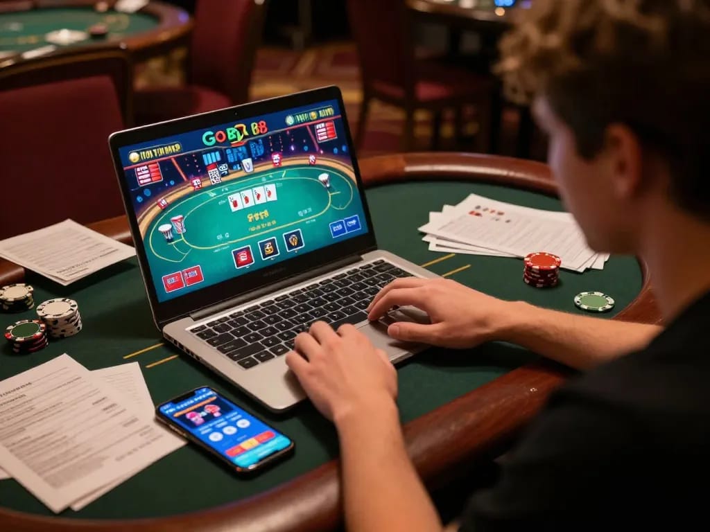 Playing Go 88 in an engaging online gambling setup with poker game on laptop