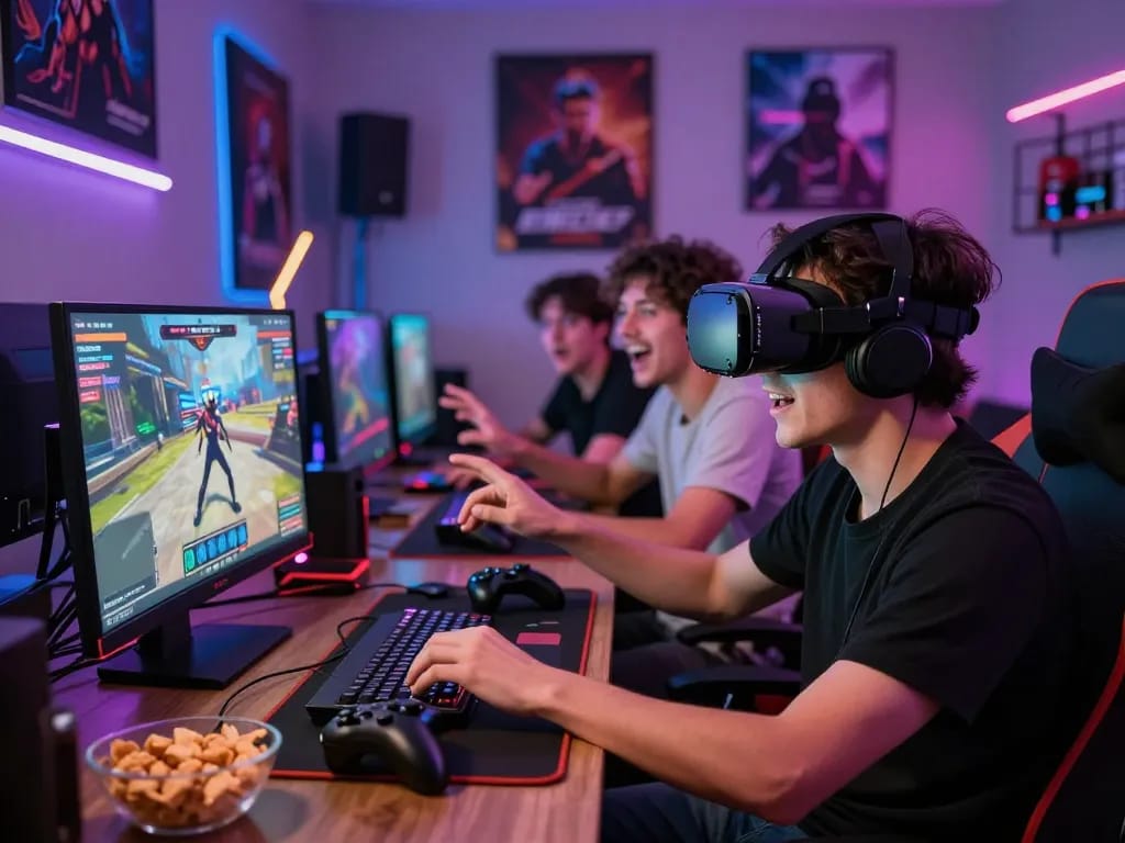 Engaged player enjoying porngames on a gaming laptop in a vibrant room.