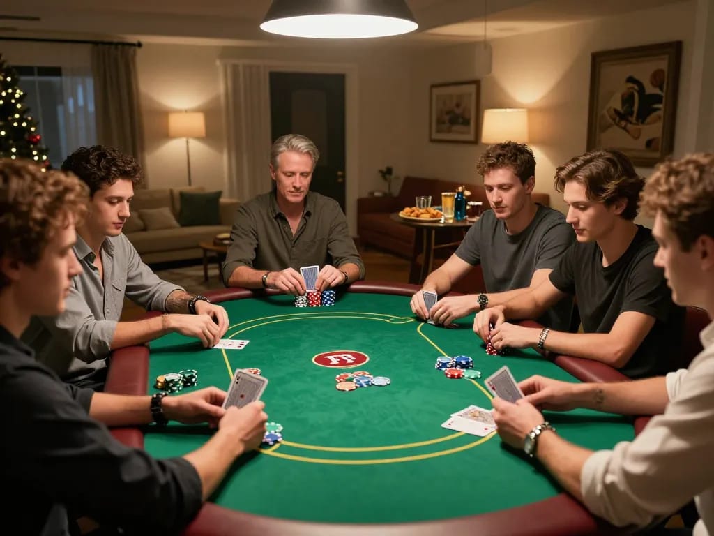 Players analyzing ty le keo at a friendly home poker game surrounded by warm lighting and lively atmosphere.