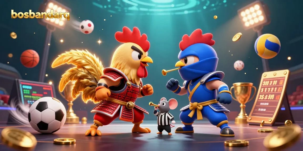 Witness thrilling combat between roosters in armor at bosbandarq, symbolizing competitive online gaming excitement.