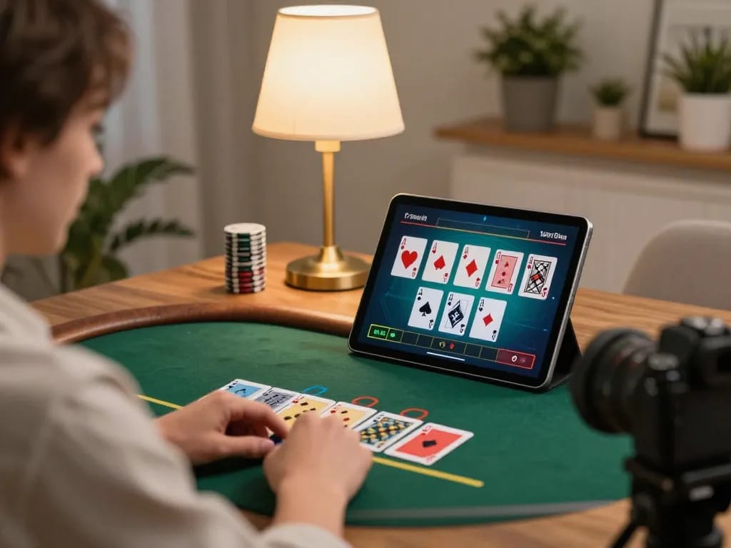 Player enjoying a strategic blackjack game on MMOO using a tablet in a cozy setting
