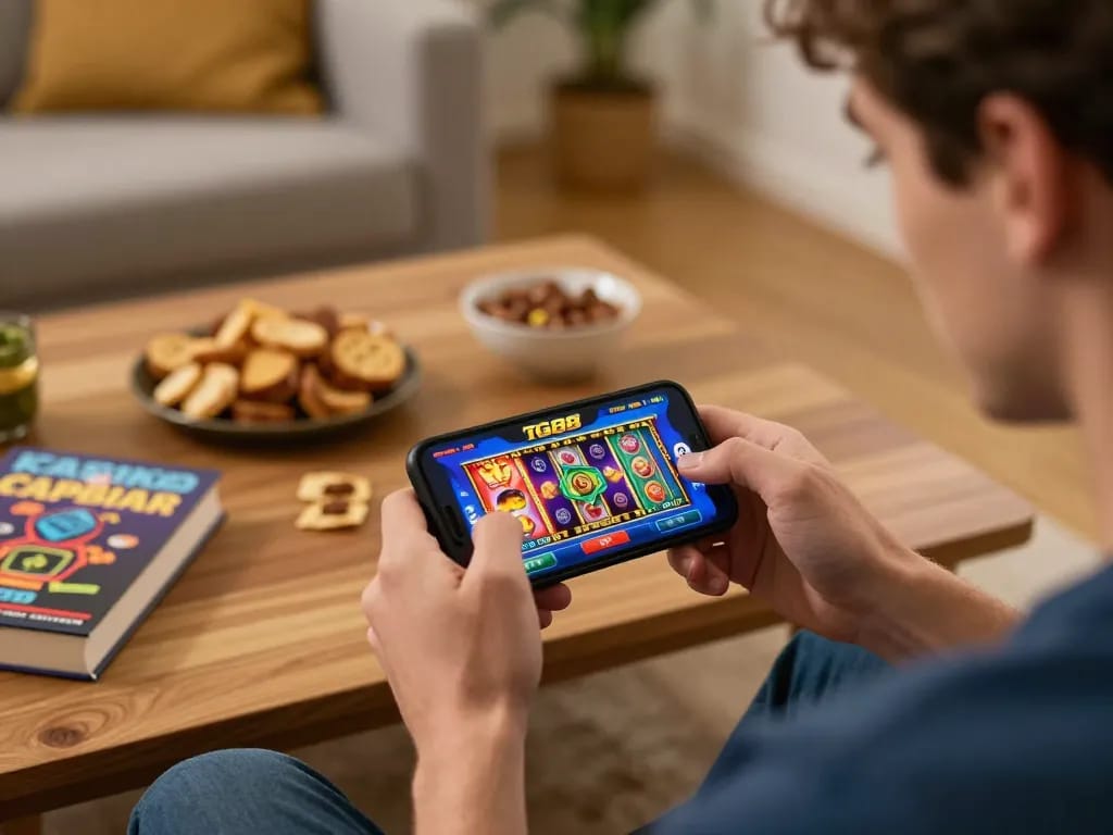 Player enjoying gameplay on the TG88 app, surrounded by a cozy atmosphere and gaming strategy materials.