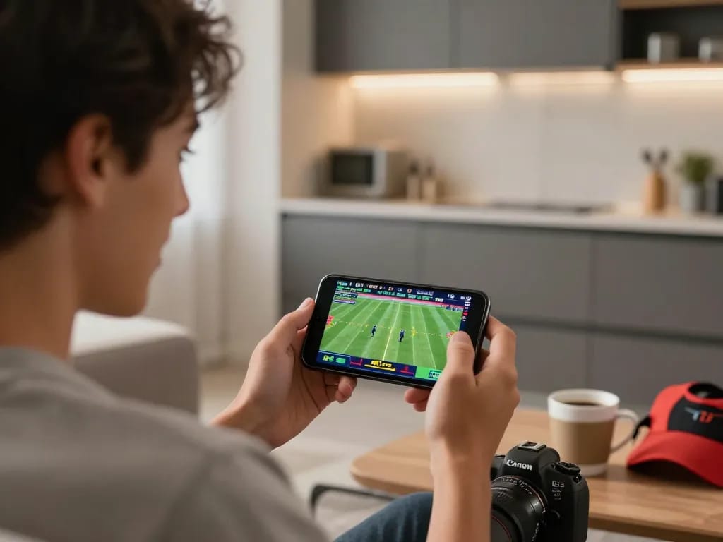 Place strategic bets on sports matches at DR88 using smartphone in modern home.