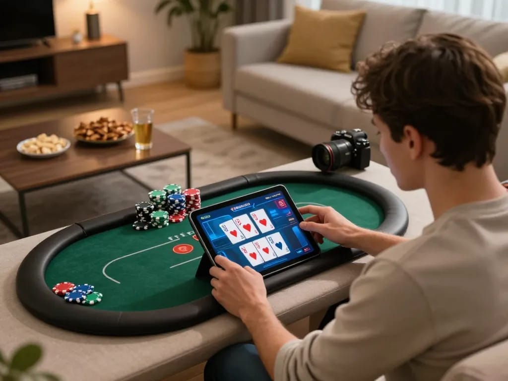 Engaged player enjoying the phtaya online poker game on a tablet, showcasing vibrant graphics.