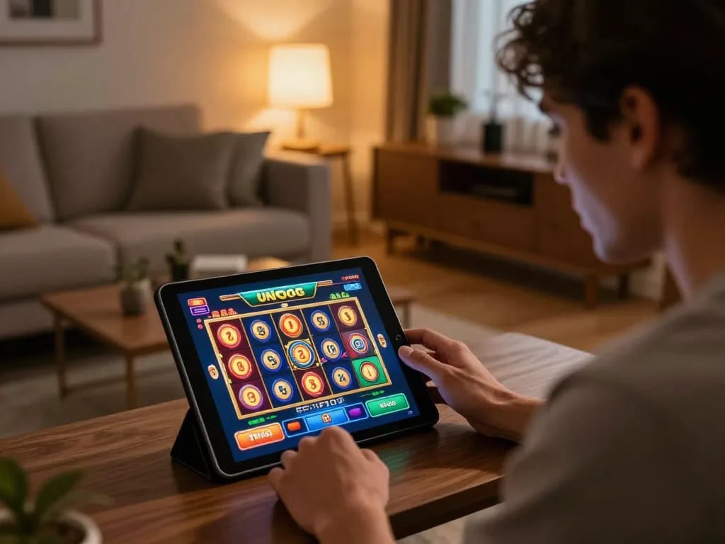 Engaged player enjoying the unogg slot experience on a tablet in a cozy home setup.