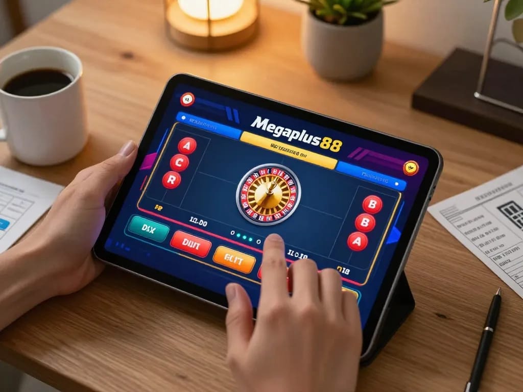 Engaging in responsible gaming with the megaplus88 online casino interface on a tablet.