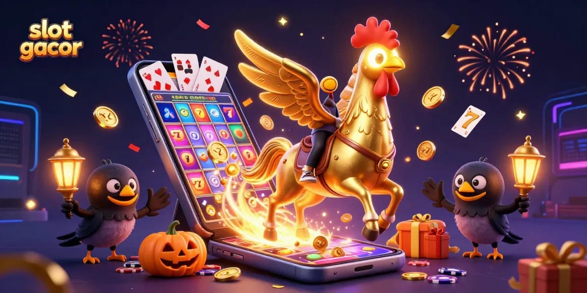 Spin winning reels at slot gacor with a golden rooster and festive casino atmosphere.