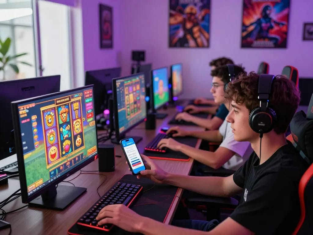 Exciting online gaming scene showcasing players enjoying dash88 Slot88 games on various devices in a vibrant, modern environment.