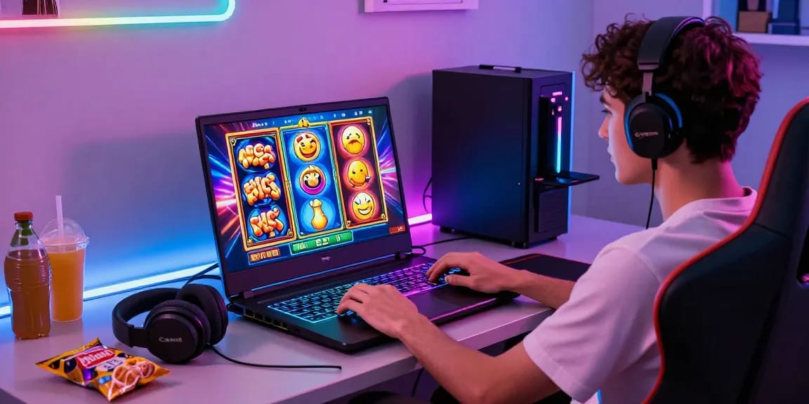 Player enjoying a demo slot game experience on a laptop with vibrant graphics and gaming accessories.