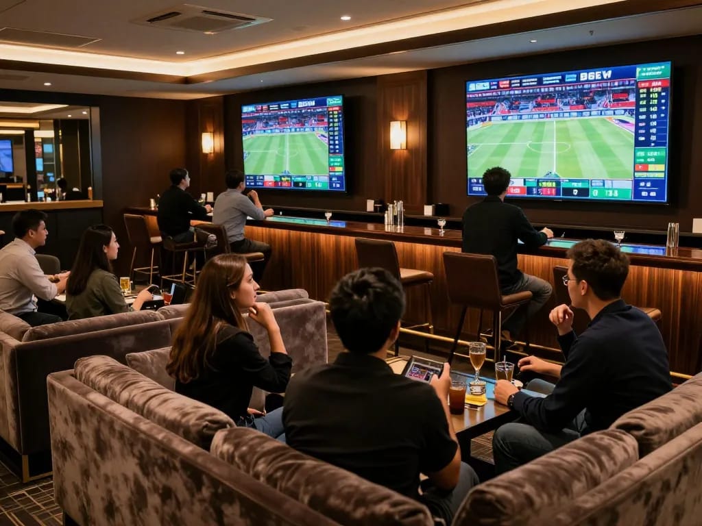 Patrons at the sophisticated GO8 sports betting lounge strategizing bets during live games