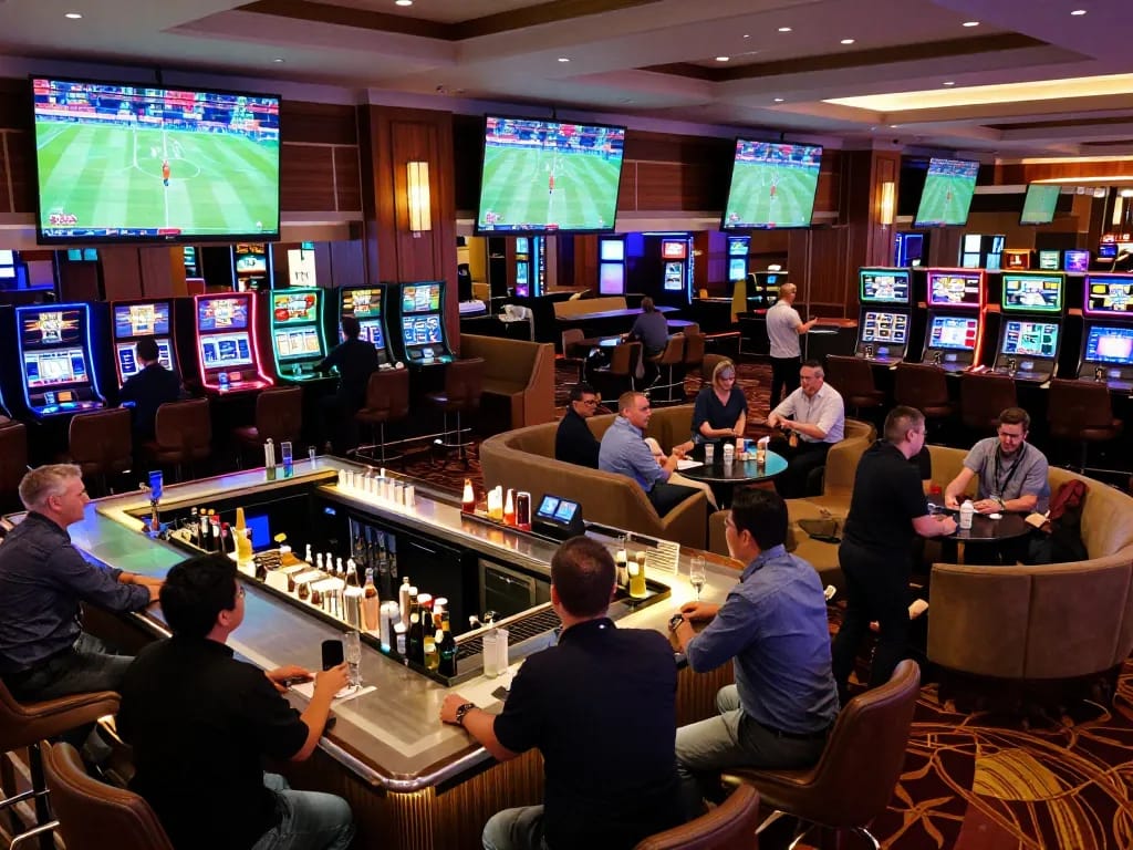 LV88 bettors engaging in sports gambling at a vibrant casino lounge with lively screens and social atmosphere