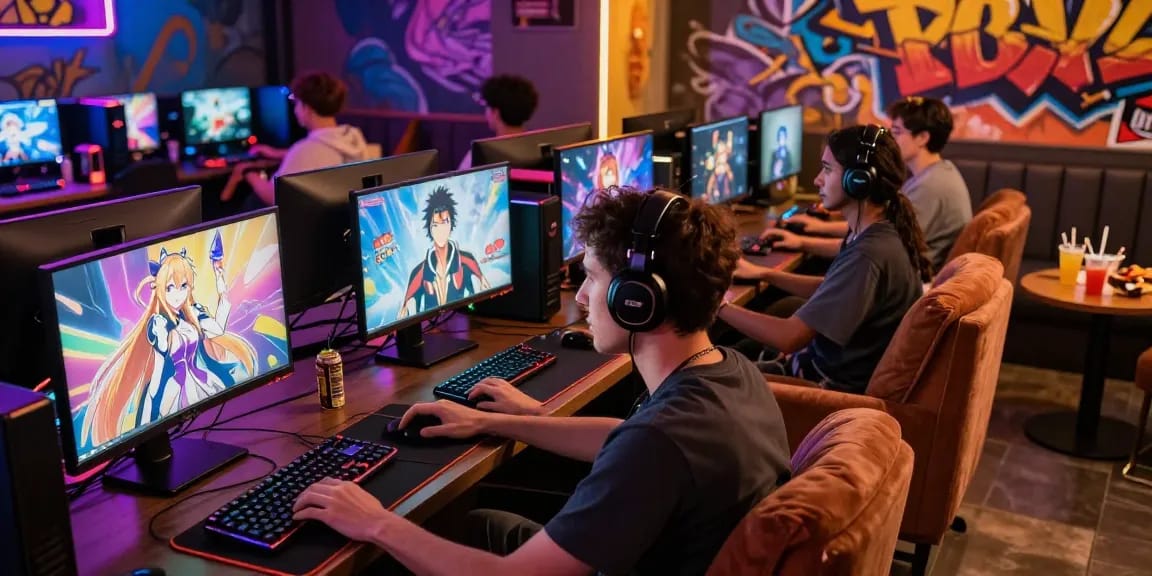Adults enjoying ecchi games in a vibrant gaming lounge with colorful lighting.