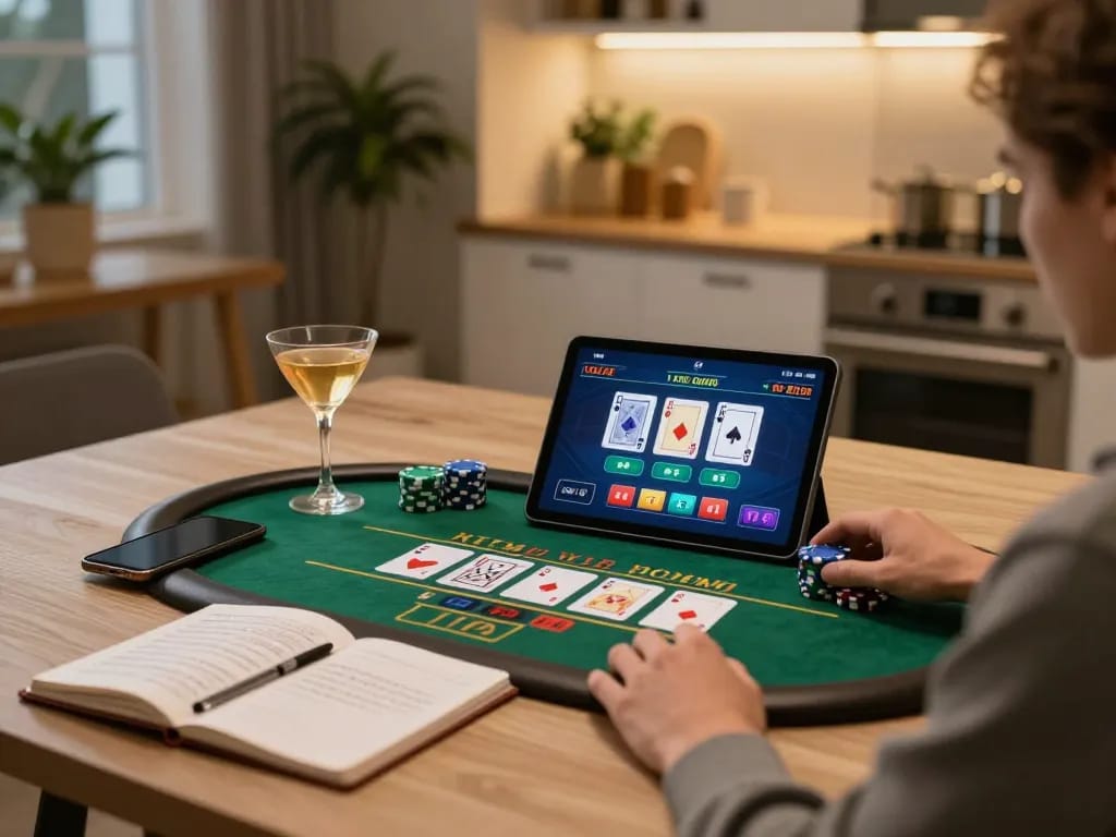 Engaging in live dealer blackjack with SC88 on mobile device at a cozy home setup, showcasing responsible gambling.