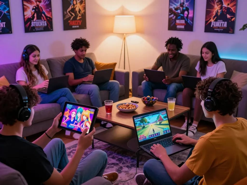Group of friends playing engaging sex games on tablets and laptops in a cozy living room.
