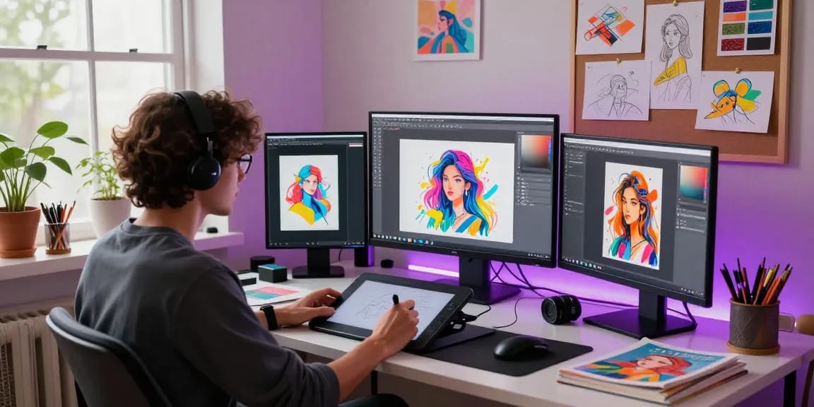 Artist creating vibrant NSFW AI illustrations in dynamic digital workspace.