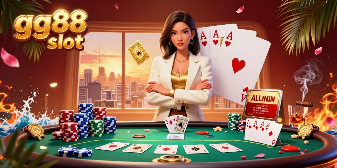 Engage with gg88 slot's vibrant gaming atmosphere featuring a professional Asian woman holding cards.