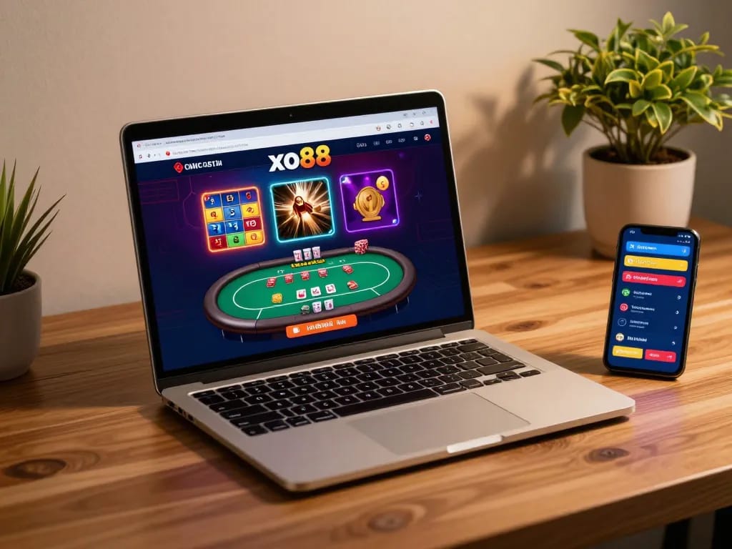Engaging online gambling at xo88 with vibrant game displays on a laptop, showcasing strategic bets.