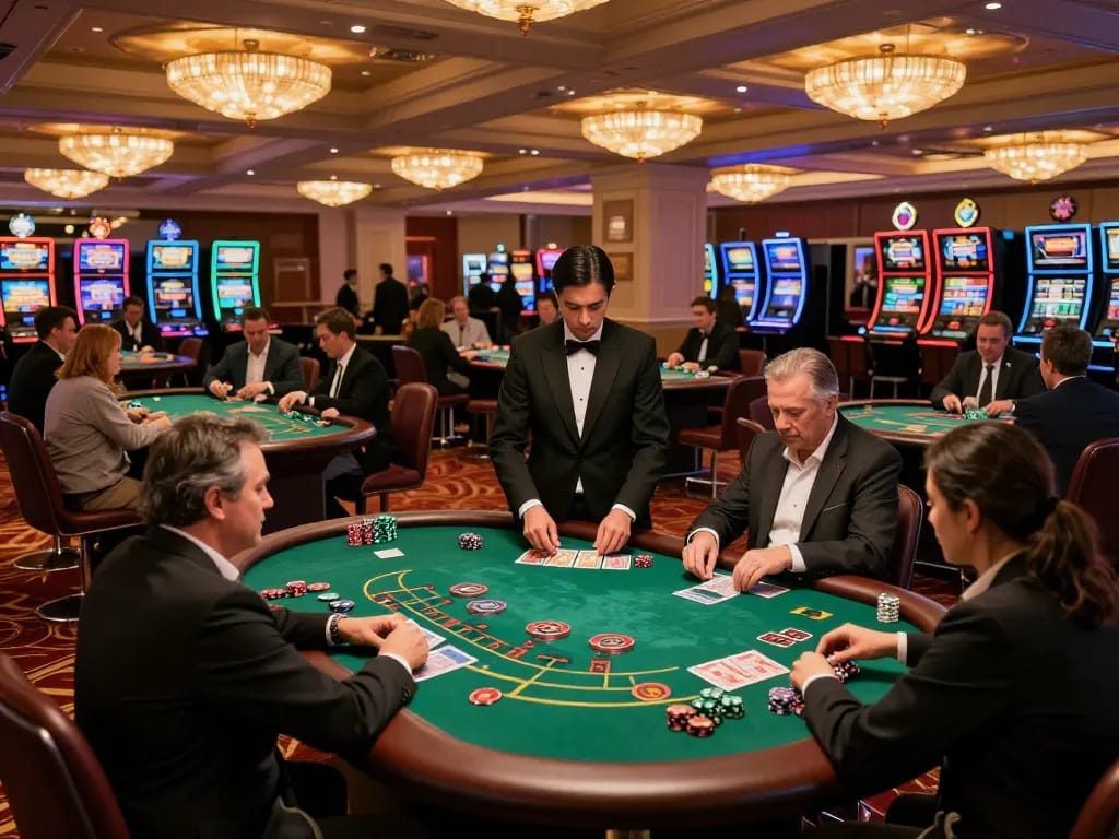 Players strategizing at tr88 blackjack tables in a vibrant casino atmosphere.