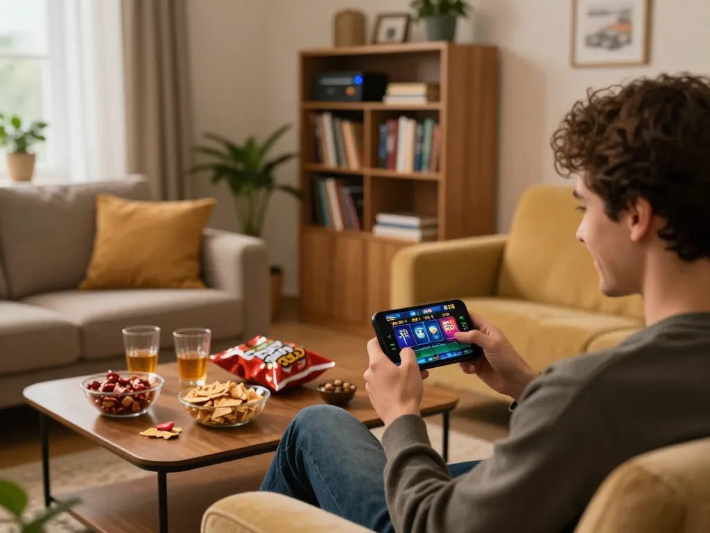 Engaging in online gambling on EE88 mobile app in a cozy living room setup