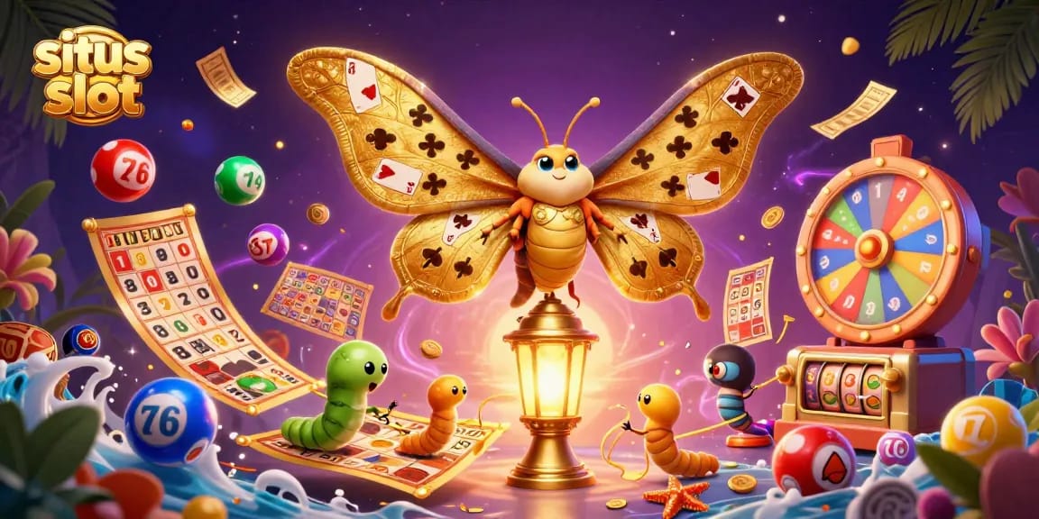 Engage in situs slot with a visually rich landscape featuring dynamic casino elements and a majestic moth.