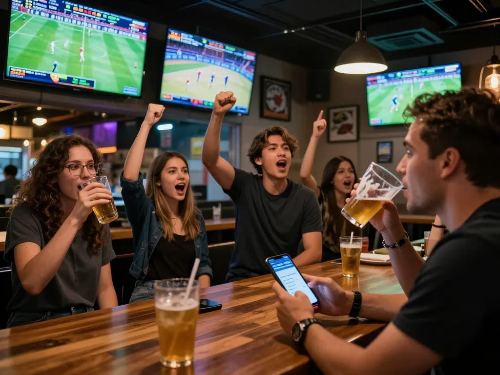 Sports enthusiasts engage with gi88 betting app while cheering on live events in a lively sports bar.