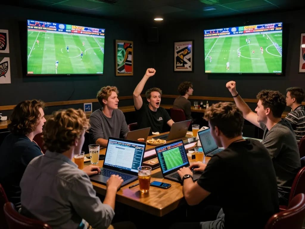 Engaged bettors following live 7m football matches at a vibrant sports betting bar