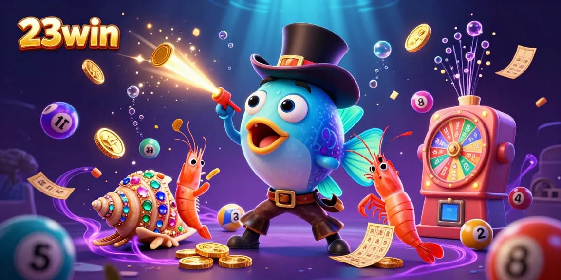Engage with 23win's vibrant underwater casino illustration featuring an anglerfish and treasure elements.