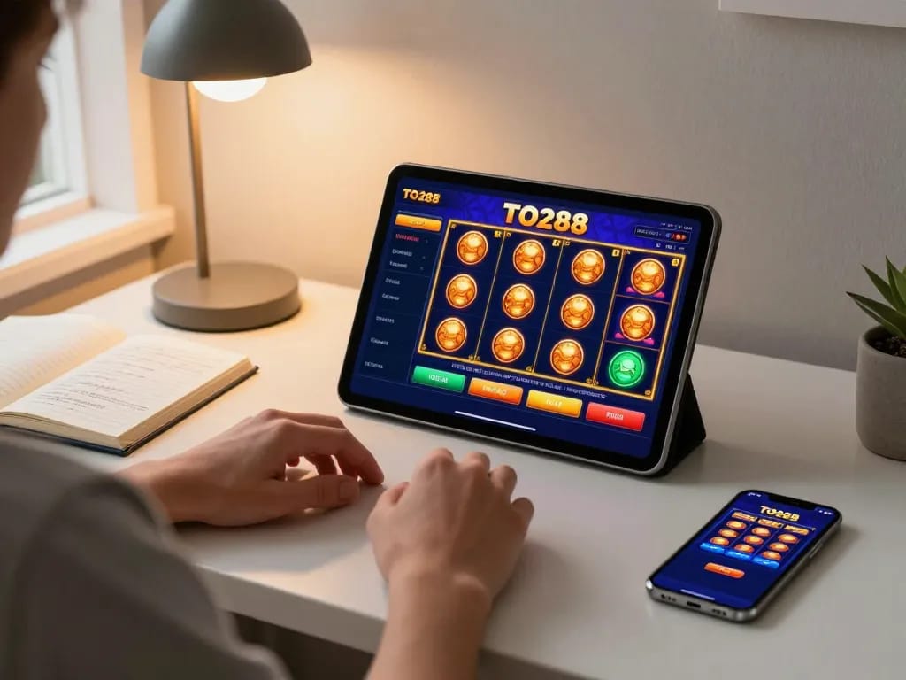 Engaging gaming experience on TO288 app with vibrant slot interface and strategic notes.