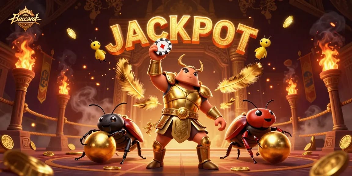 Baccarat game scene featuring a 3D cartoon hercules beetle celebrating victory in a vibrant casino atmosphere.