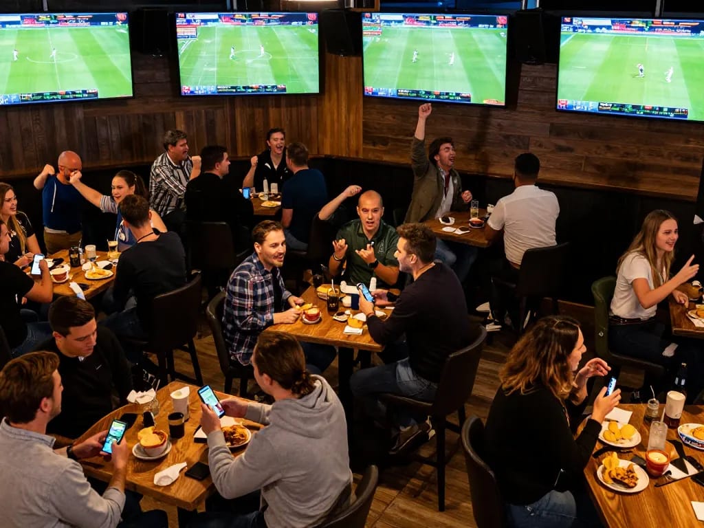 Experience thrilling Bundesliga matches with go8, as fans passionately place bets in an engaging sports bar setting.