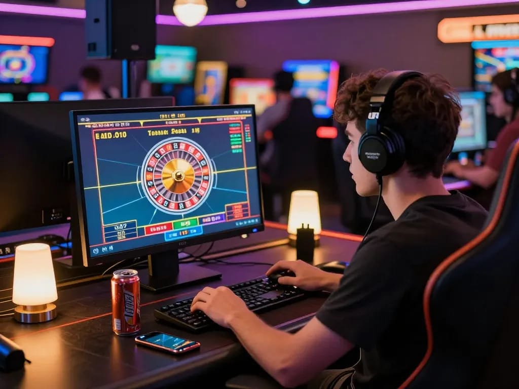 User engaging in online gambling at HM88 casino, highlighting immersive roulette gameplay and vibrant digital environment.
