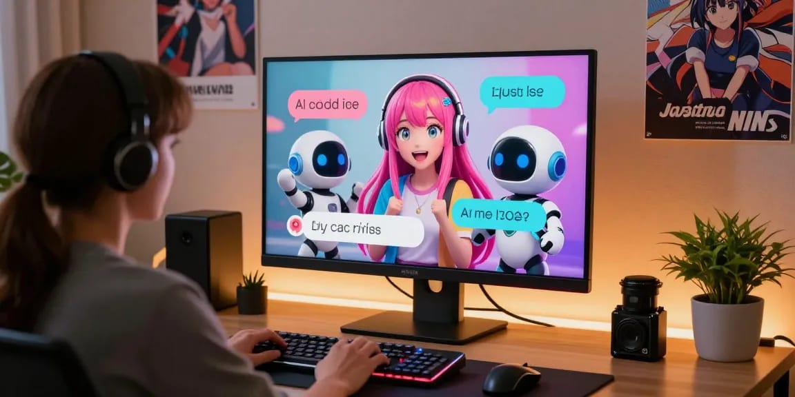 Interactive hentai ai chatbot engaging with user in a vibrant workspace