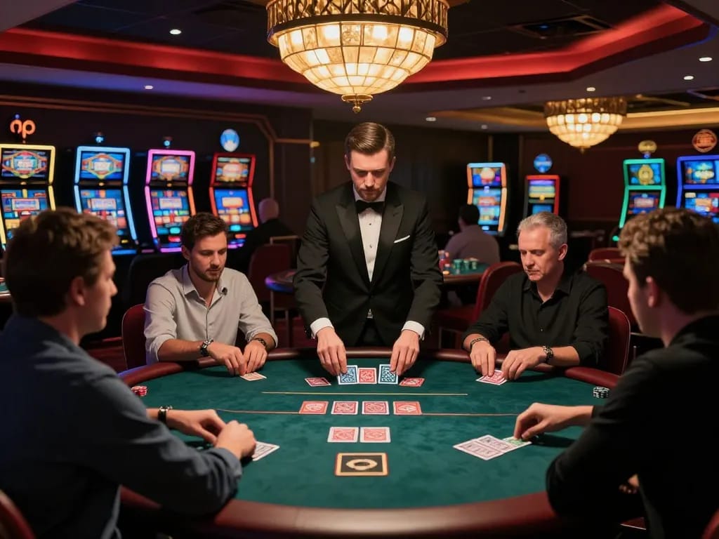 N188 players engaging in a high-stakes poker game, showcasing luxury and excitement in the casino atmosphere
