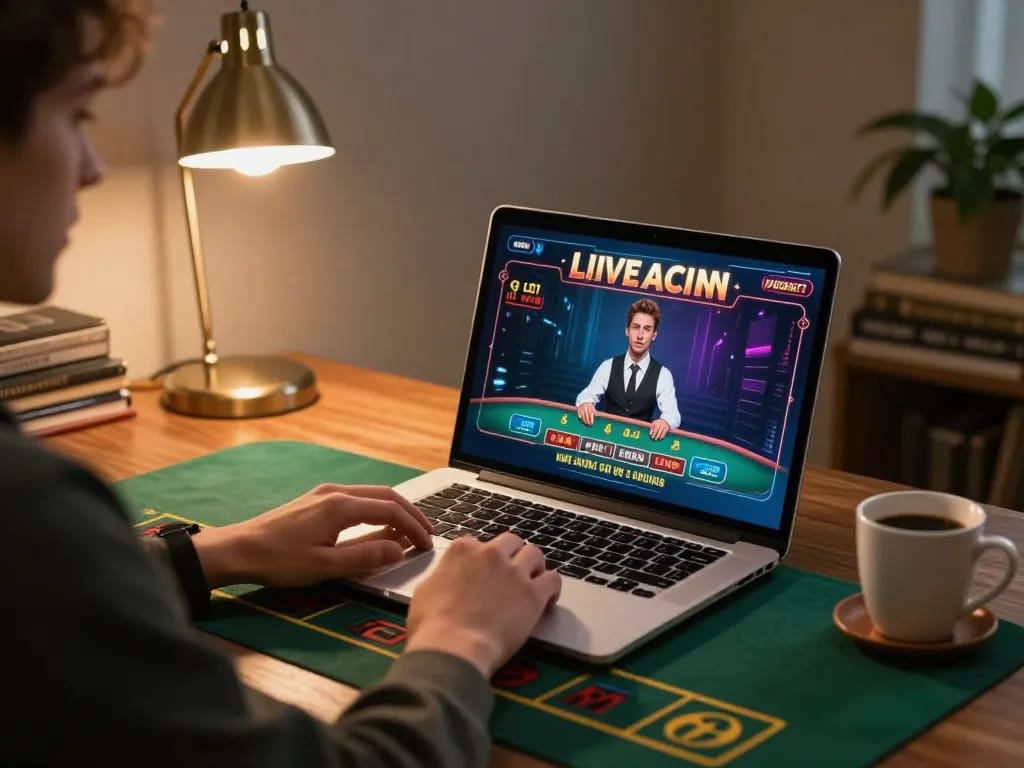 Kubet79 player engaging in online casino action from a cozy setup with strategies in view.