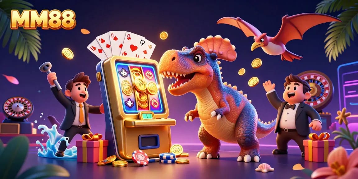 MM88 pachycephalosaurus winning at slots with jackpot coins, exciting casino scene.