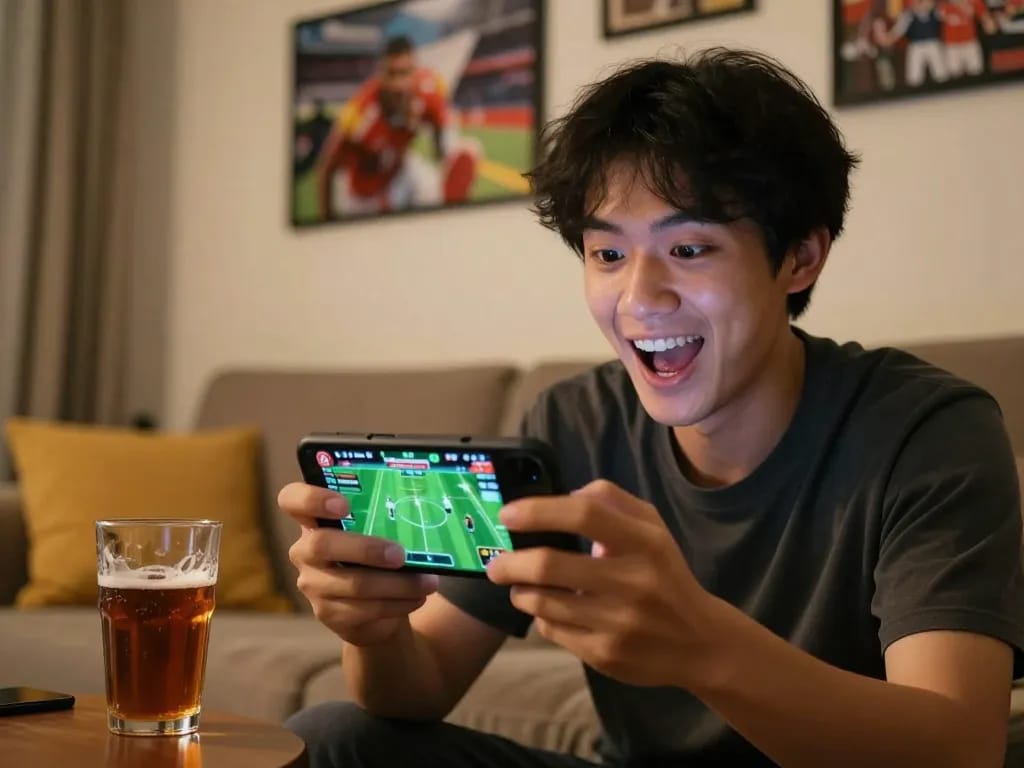GO8 user engaging in sports betting on a smartphone in a cozy living room