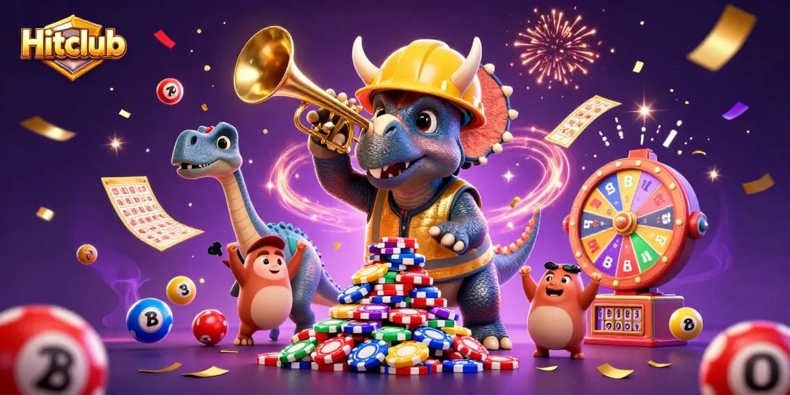 Hitclub players celebrate with colorful casino elements in a festive digital illustration.