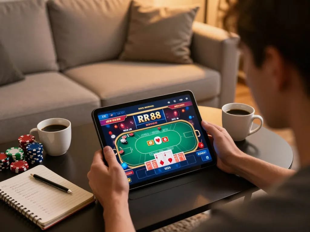 Person engaging in RR 88 online poker game, showcasing betting excitement and strategies