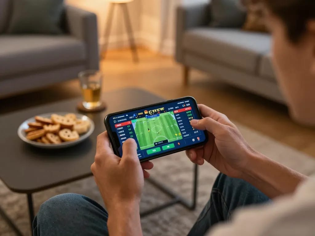 FB88 user engaging in mobile sports betting in a cozy living room with live scores displayed