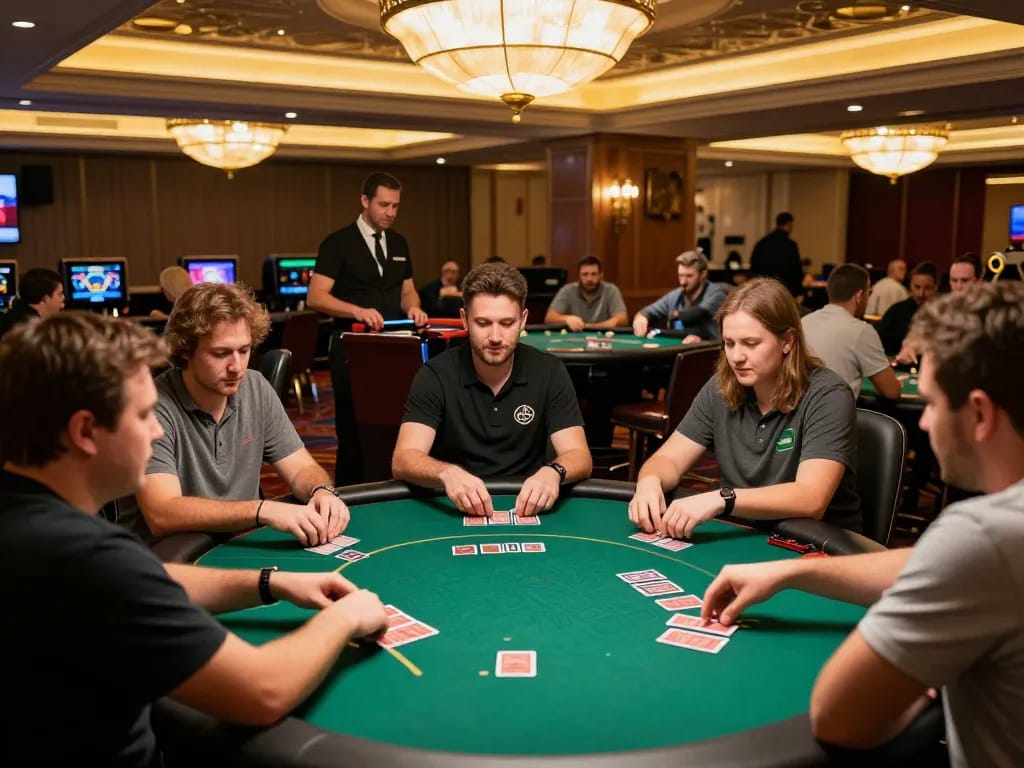 Players enjoying poker at NK88 casino, showcasing vibrant environment and strategic gameplay