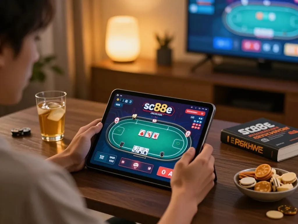 Player enjoying sc88e online poker game on tablet in cozy home setting with snacks