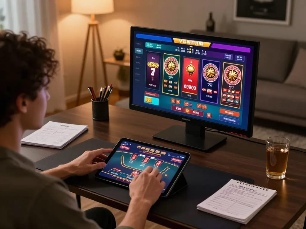 Engaging in online poker on 68win tablet at a stylish home office setting, showcasing vibrant game interface.