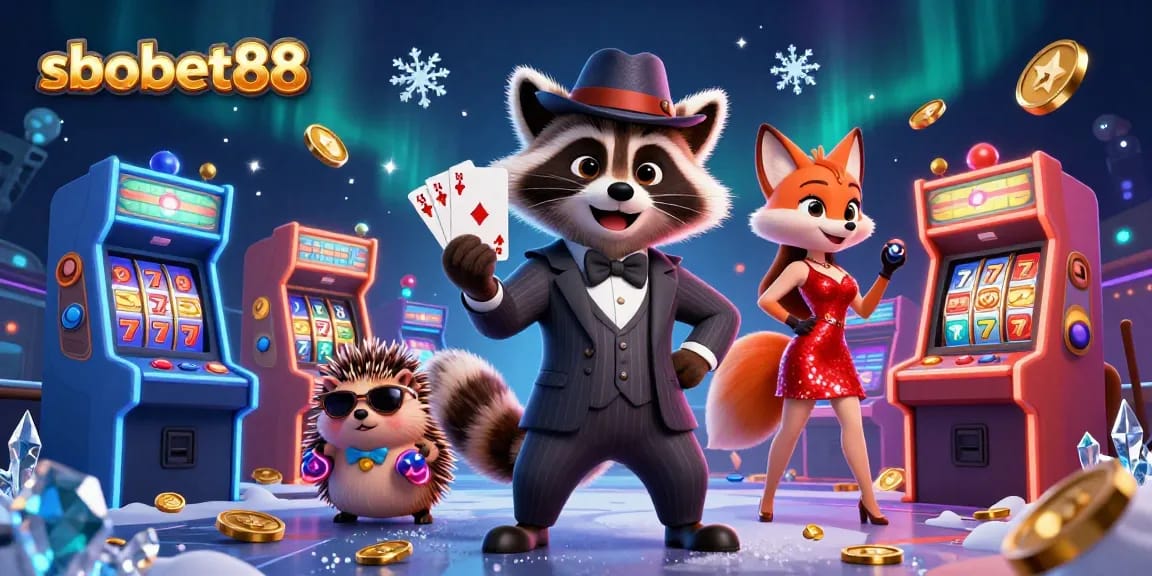 Experience the thrill of sbobet88 gaming with a suave raccoon holding a royal flush in vibrant casino style.