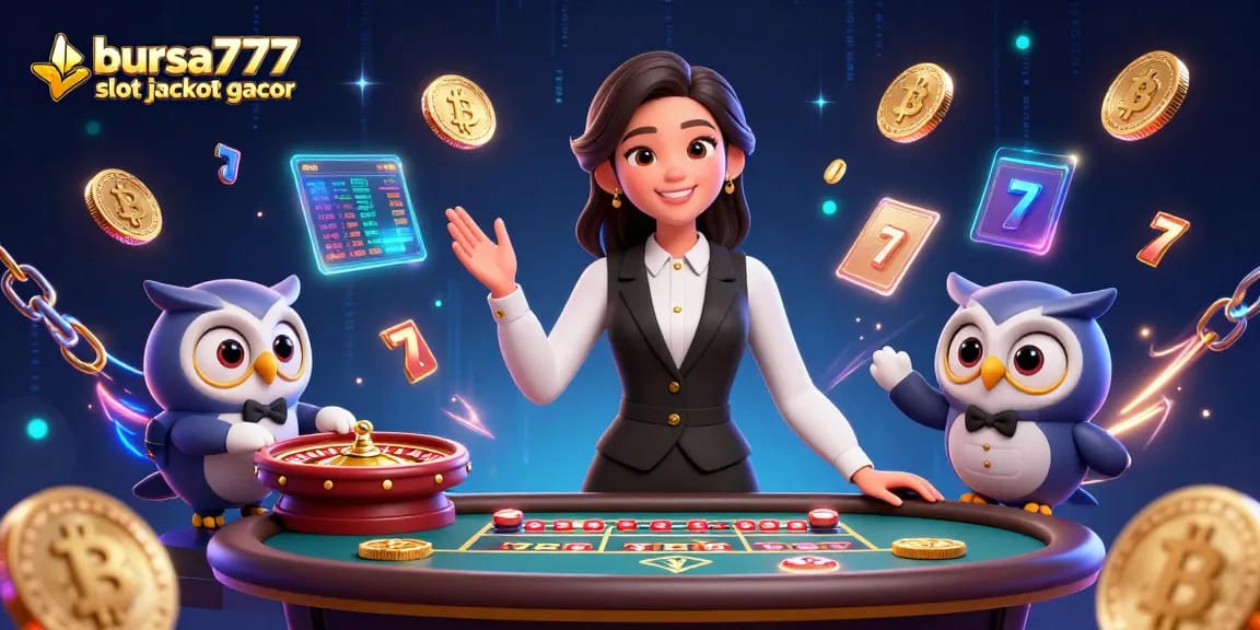 Bursa777 slot jackpot gacor illustration displaying a professional dealer with classic gaming elements and crypto coins.