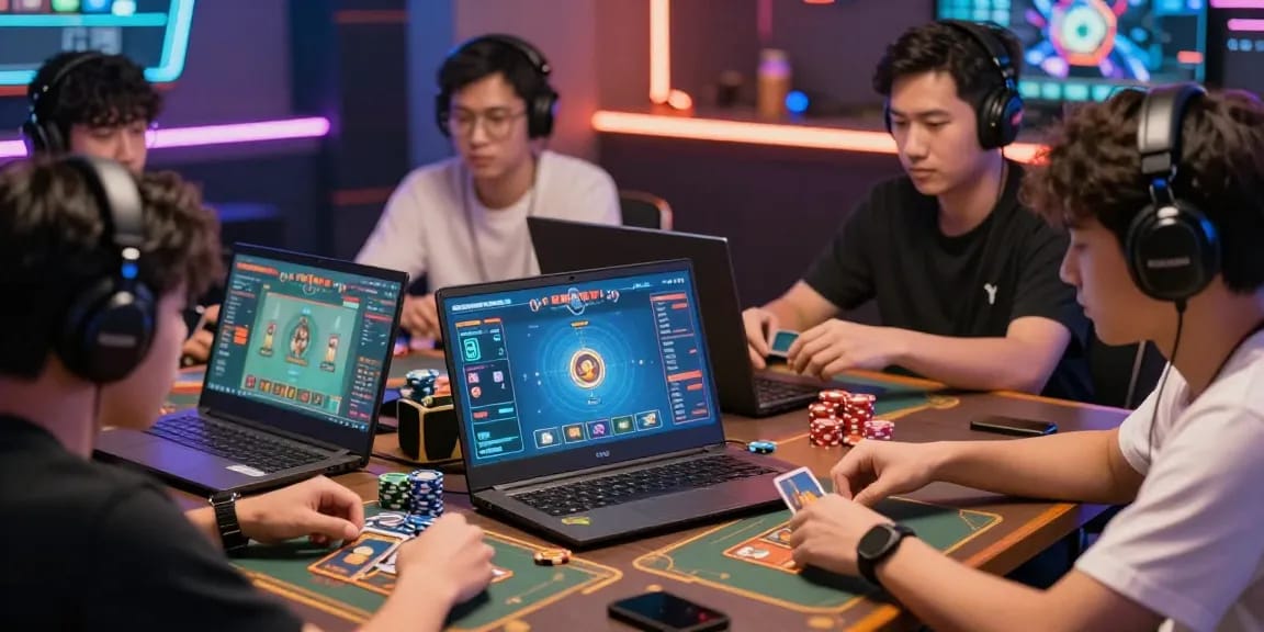 Players enjoying gamebaidoithuong in a vibrant online gaming environment, focused and engaged in card games.